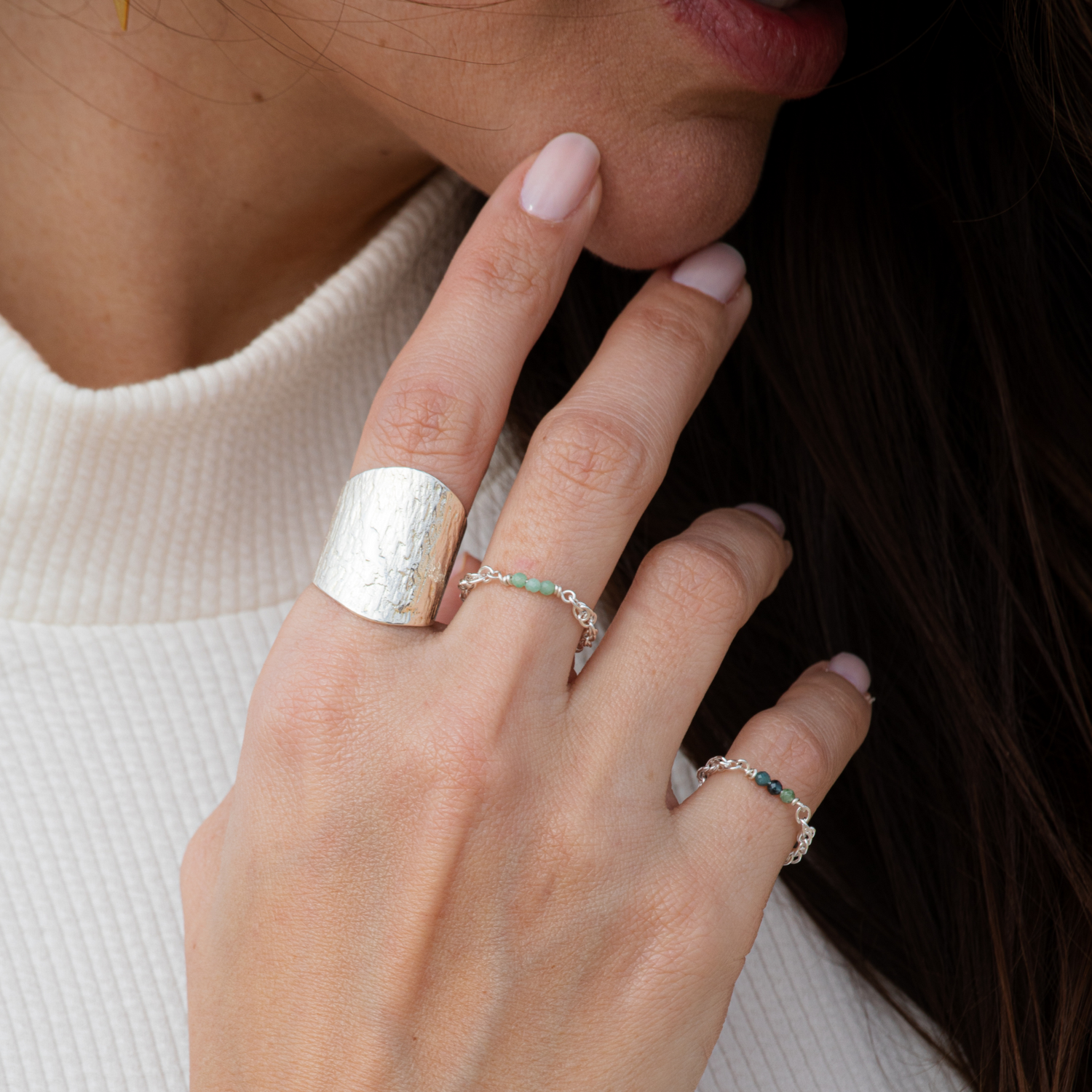 Bague chainette argent massif et pierre naturelles