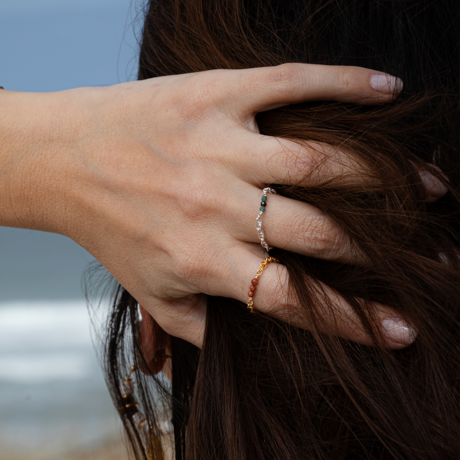 Bague chainette or et pierre naturelles