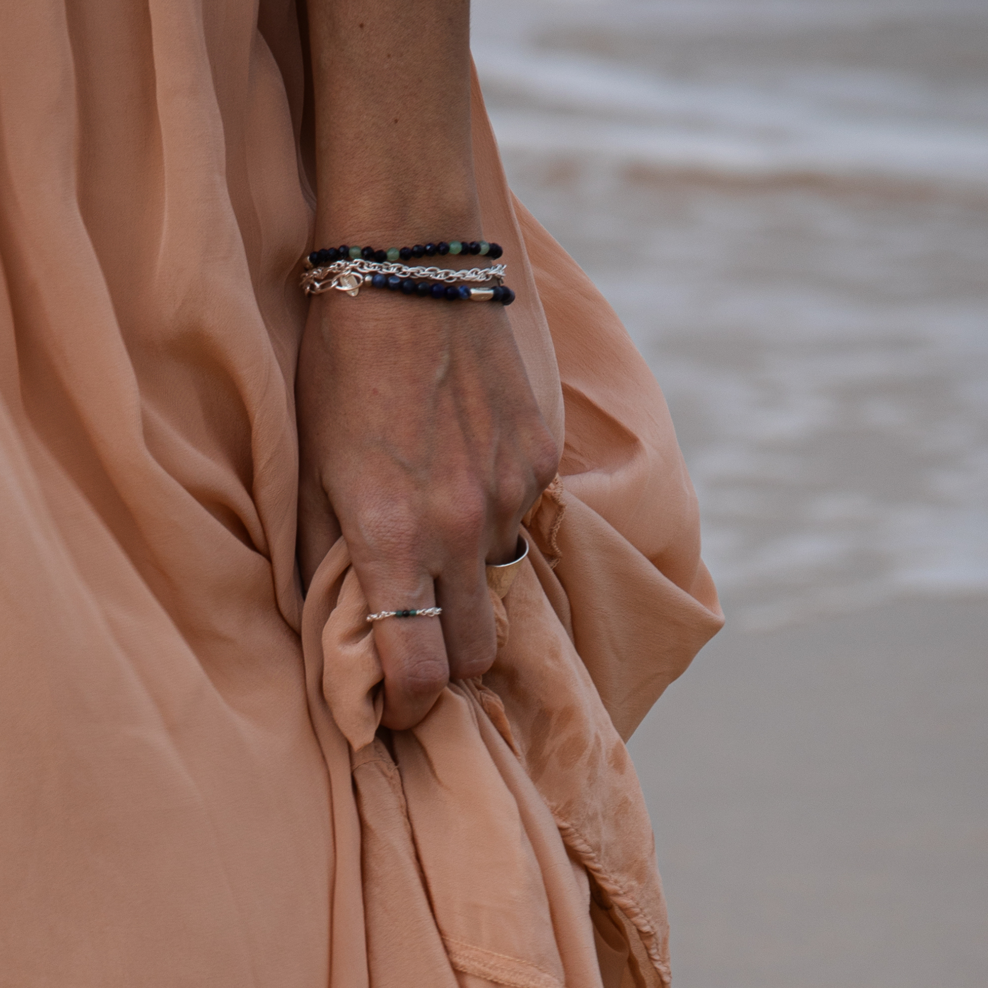 Bague chainette argent massif et pierre naturelles