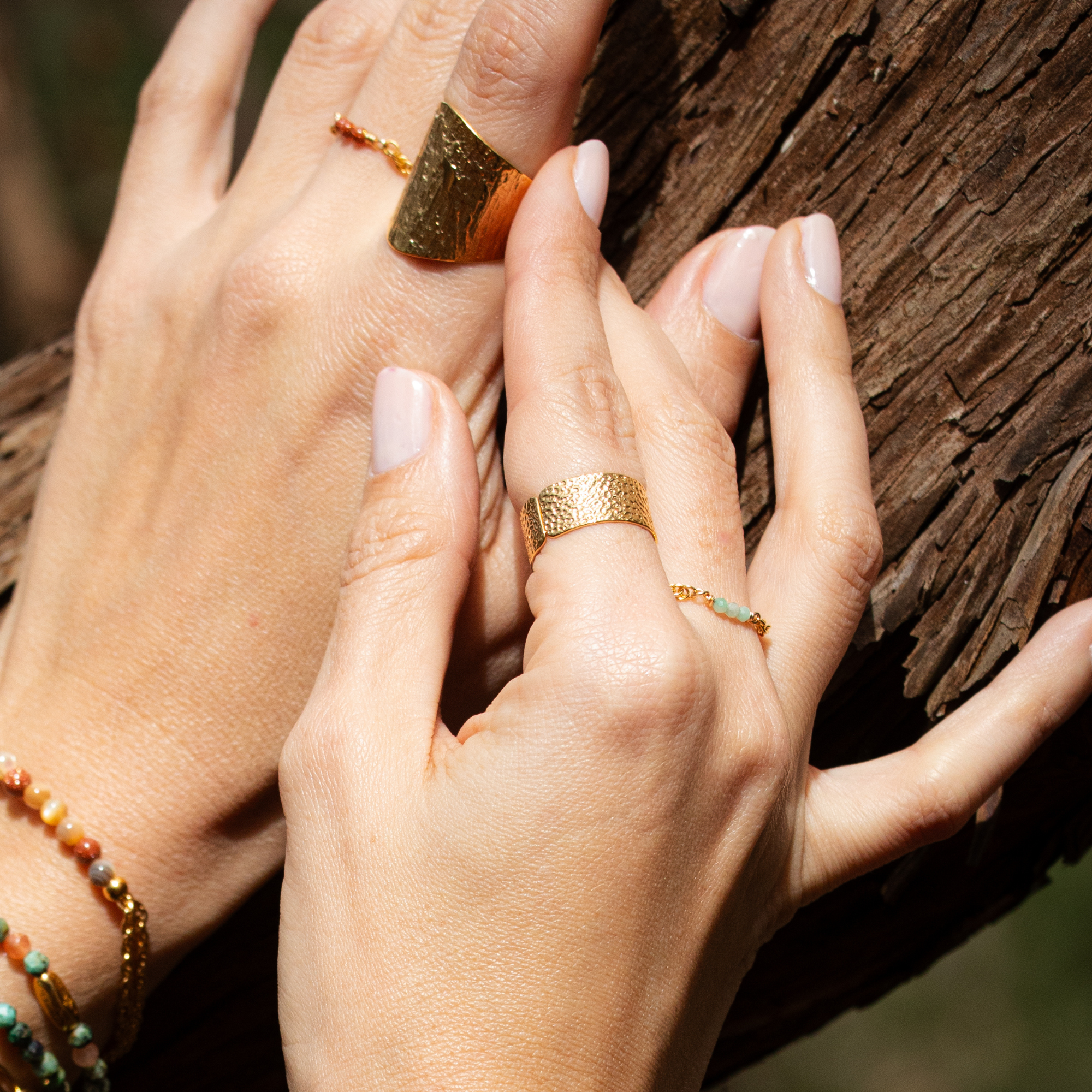 Bague chainette or et pierre naturelles